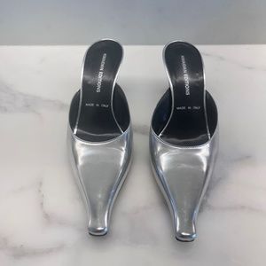 Kwaidan Editions Silver Metallic Pointy Toe Kitten Heel Mule